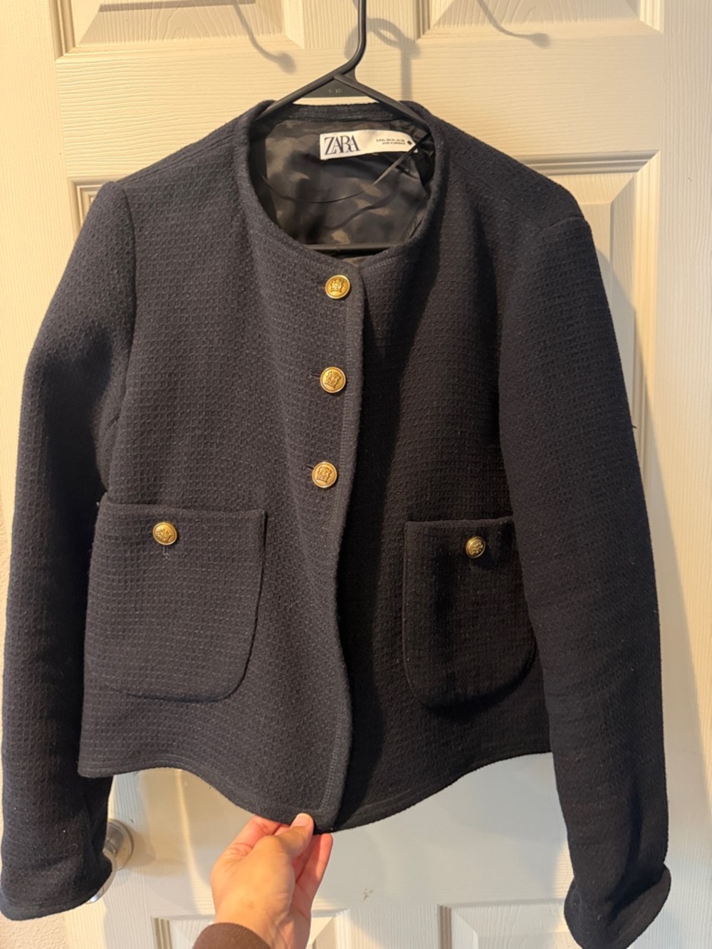 Zara Navy Textured Collarless Jacket with Gold Buttons
